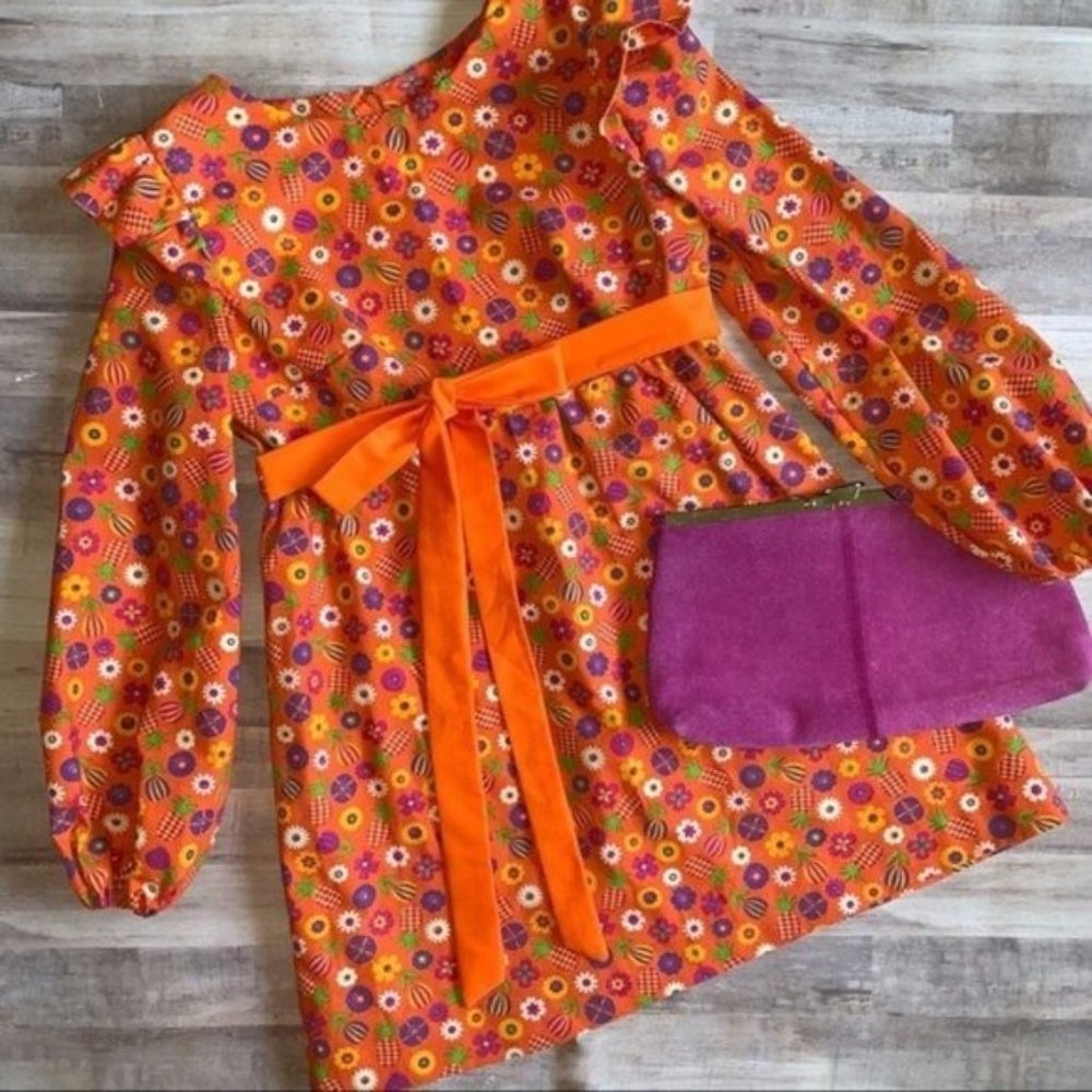 Vintage 60s 70s Pineapple & Flowers Print Long Sleeve Ruffle Mini Dress